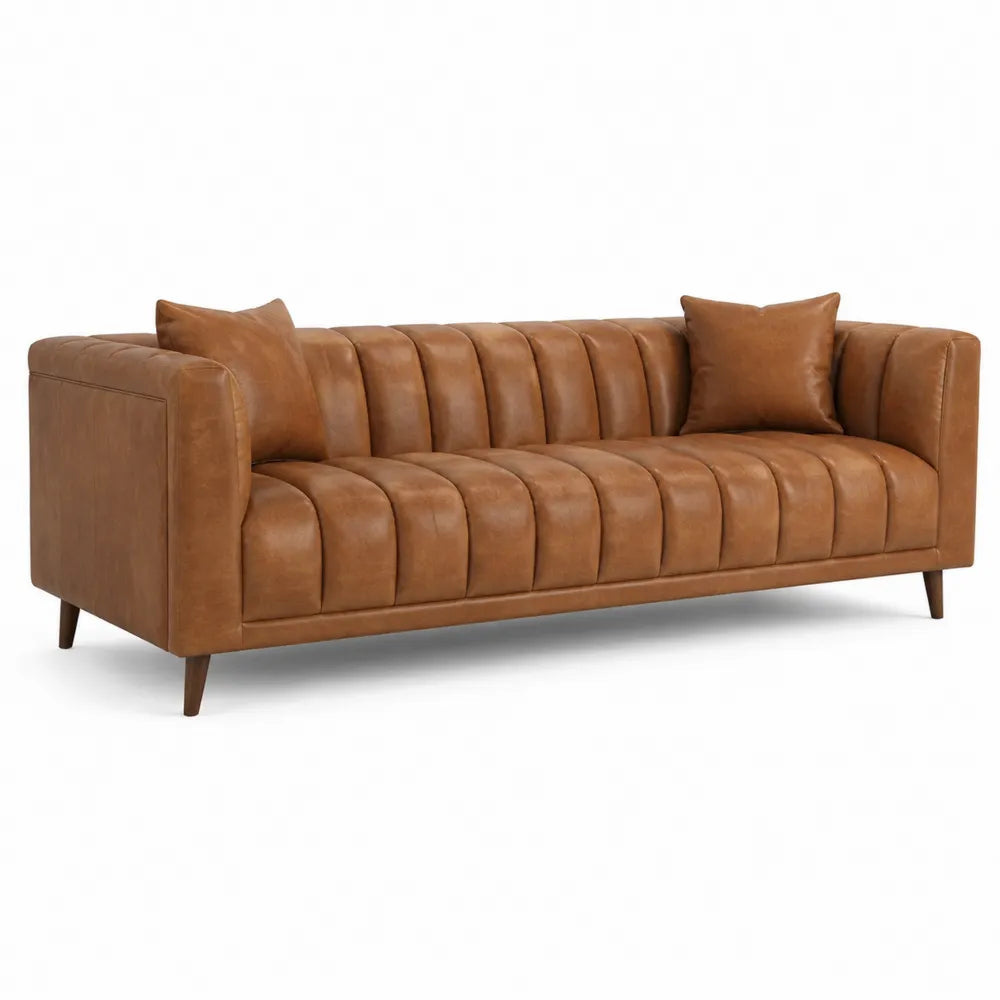 Divano 3 posti rivestimento effetto pelle PU colore marrone struttura in legno gambe inclinate dimensioni 200 x 85 x 85 cm