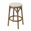 Sgabello da bar senza schienale seduta imbottita in tessuto gambe in legno massello di faggio con poggiapiedi circolare 35 x 35 x 65 cm colore beige e legno naturale