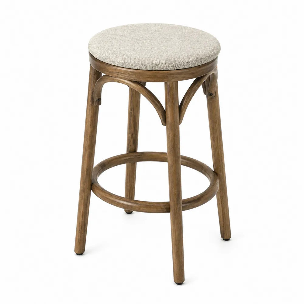 Sgabello da bar senza schienale seduta imbottita in tessuto gambe in legno massello di faggio con poggiapiedi circolare 35 x 35 x 65 cm colore beige e legno naturale