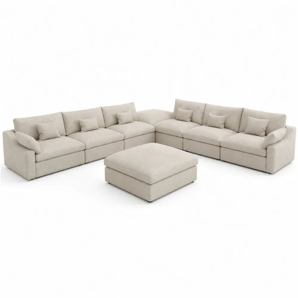 Divano modulare a L con pouf rivestimento in tessuto a coste colore beige dimensioni circa 300 x 170 x 85 cm
