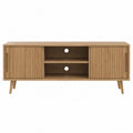 Mobile TV soggiorno 160 cm in MDF effetto rovere chiaro ante scorrevoli a doghe struttura con gambe in legno naturale 160 cm 40 cm 55 cm