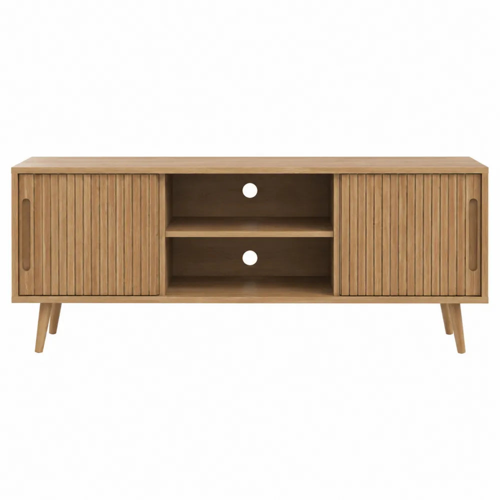 Mobile TV soggiorno 160 cm in MDF effetto rovere chiaro ante scorrevoli a doghe struttura con gambe in legno naturale 160 cm 40 cm 55 cm