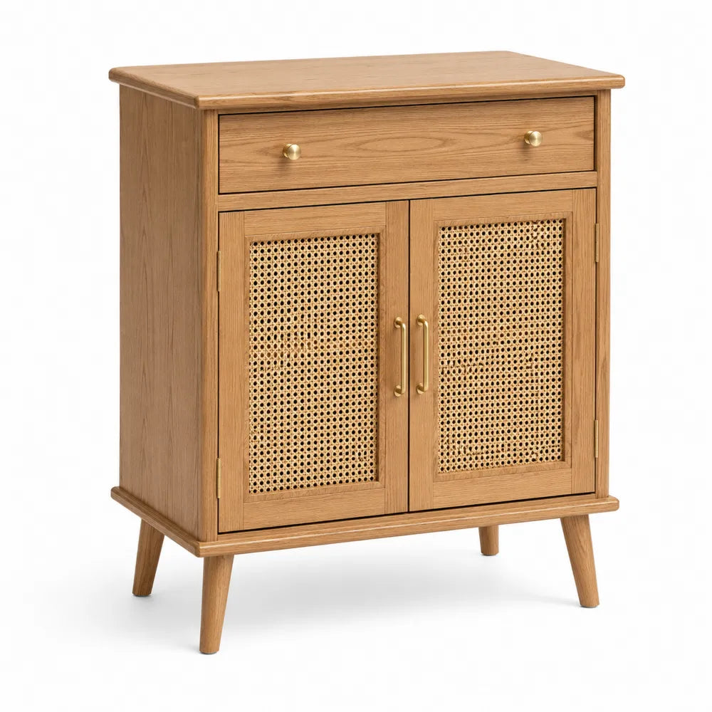Scarpiera con ante in rattan naturale e cassetto superiore in MDF struttura in legno e truciolare 80 x 35 x 100 cm rovere chiaro