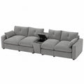Divano letto modulare 240 cm x 95 cm x 85 cm rivestimento tessuto poliestere a coste struttura legno multistrato e acciaio colore grigio chiaro con contenitore e letto estraibile