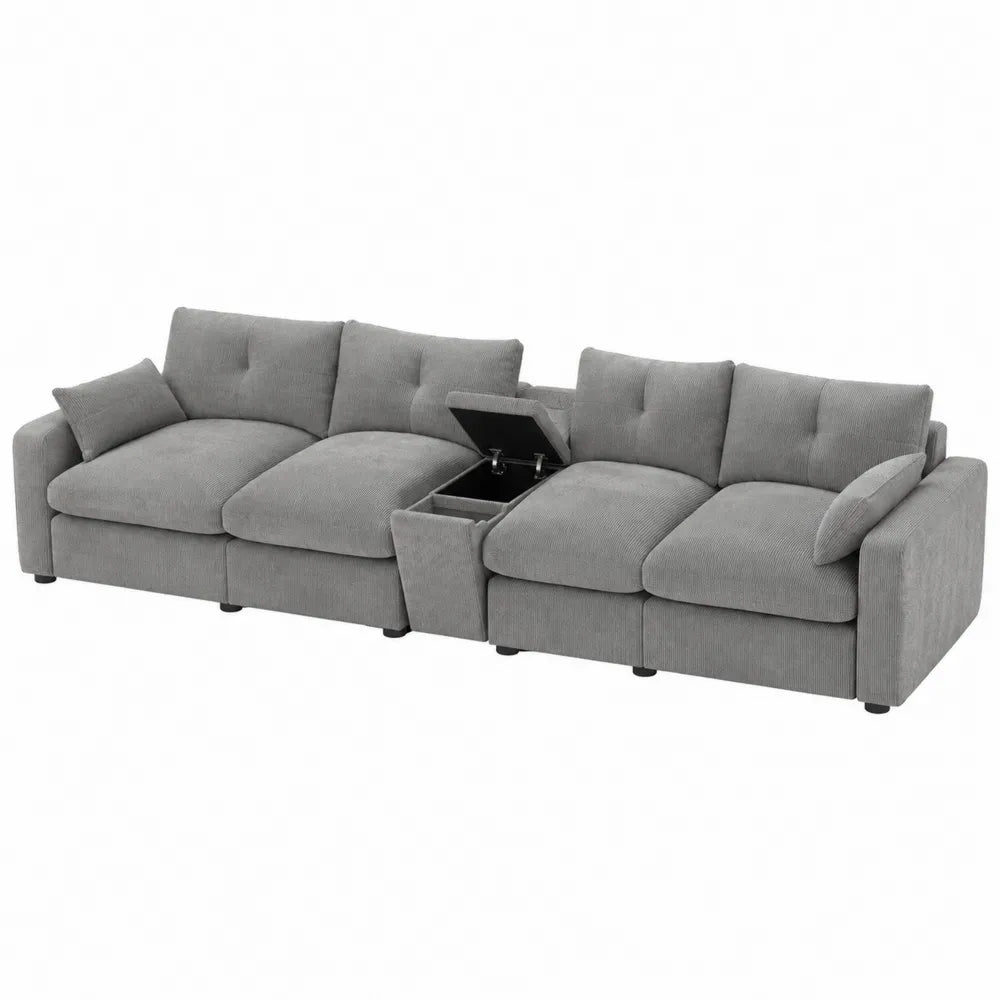 Divano letto modulare 240 cm x 95 cm x 85 cm rivestimento tessuto poliestere a coste struttura legno multistrato e acciaio colore grigio chiaro con contenitore e letto estraibile