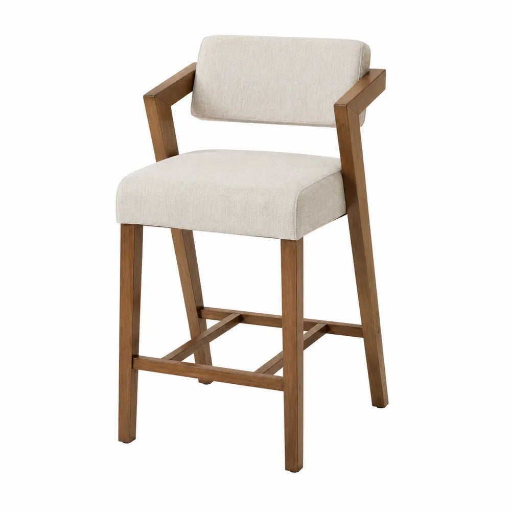 Sgabello da bar con schienale imbottito in tessuto beige struttura in legno massello di faggio con poggiapiedi 45 cm x 50 cm x 95 cm
