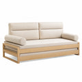 Divano letto 3 posti con struttura in legno braccioli laterali in legno rivestimento tessuto poliestere colore beige dimensioni 220 cm 90 cm 85 cm