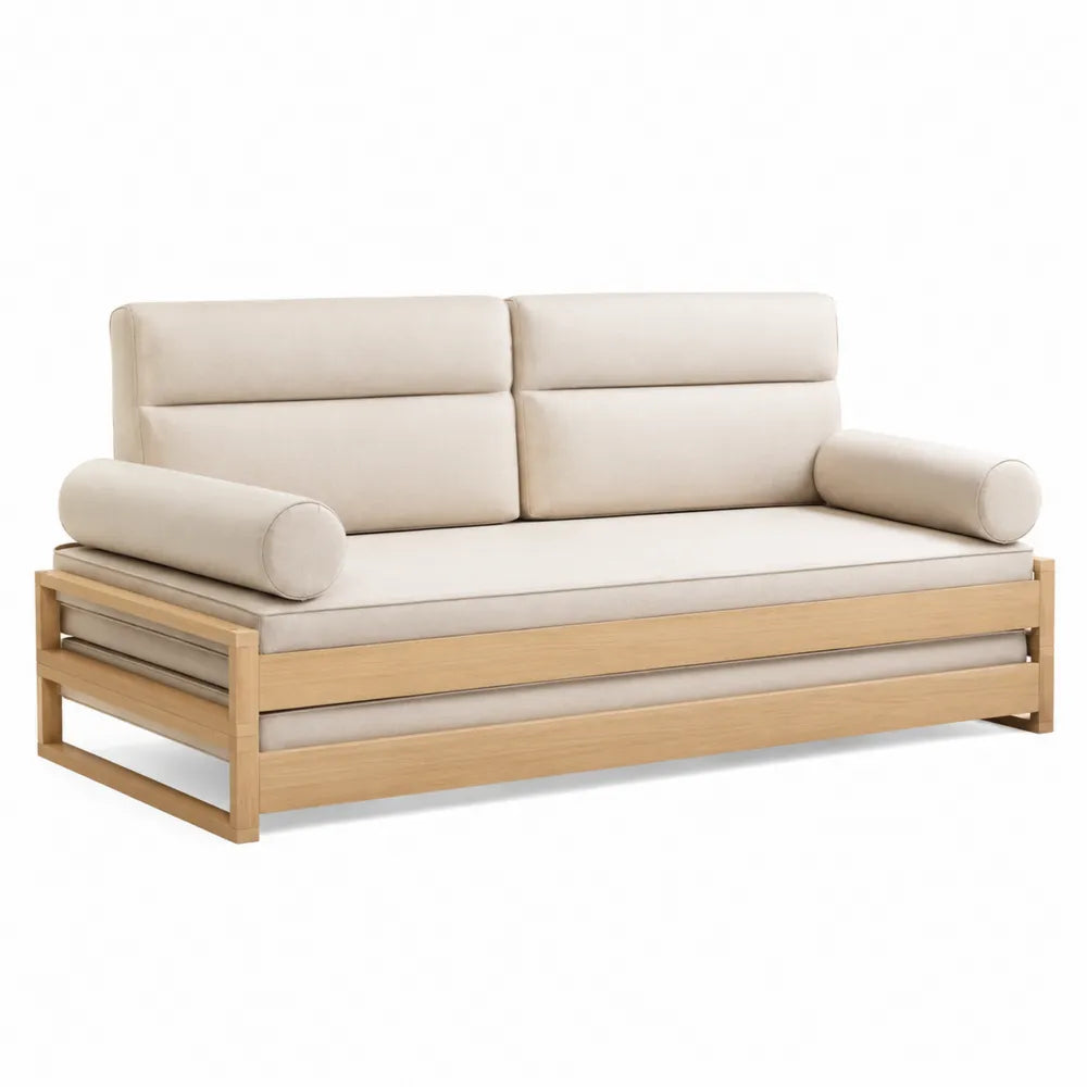 Divano letto 3 posti con struttura in legno braccioli laterali in legno rivestimento tessuto poliestere colore beige dimensioni 220 cm 90 cm 85 cm