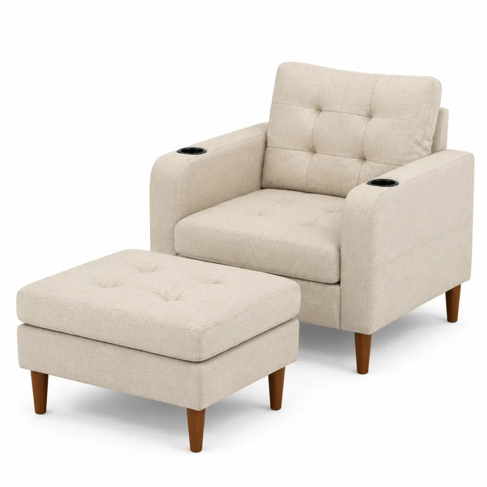 Poltrona con pouf e portabicchieri rivestimento in tessuto imbottito struttura in legno con gambe in legno massello colore beige dimensioni circa 85 x 80 x 90 cm