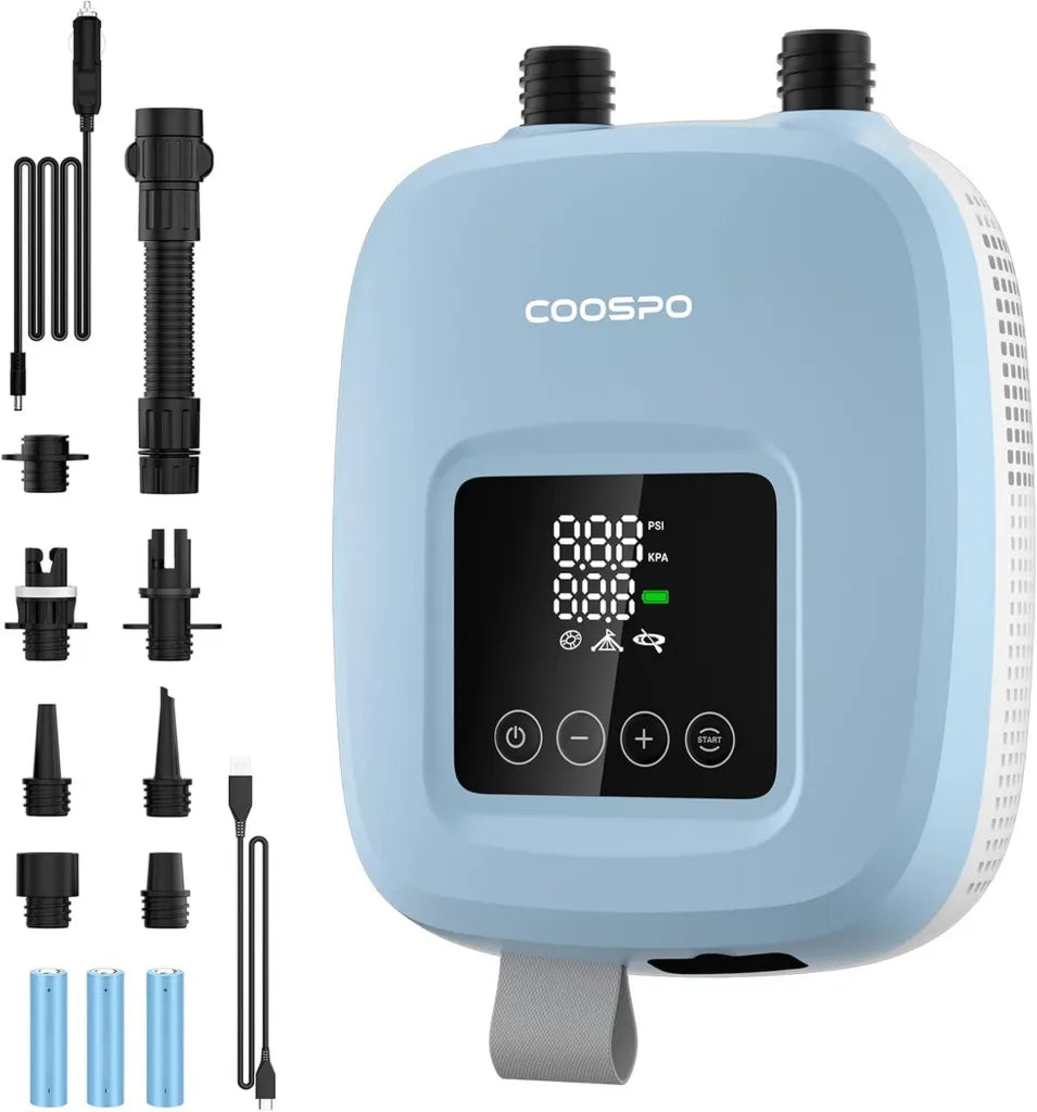 Pompa elettrica CooSpo per SUP e kayak, gonfiaggio silenzioso a 20 psi con batteria ricaricabile