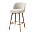 Sgabello da bar con schienale in tessuto beige e struttura in legno con poggiapiedi integrato