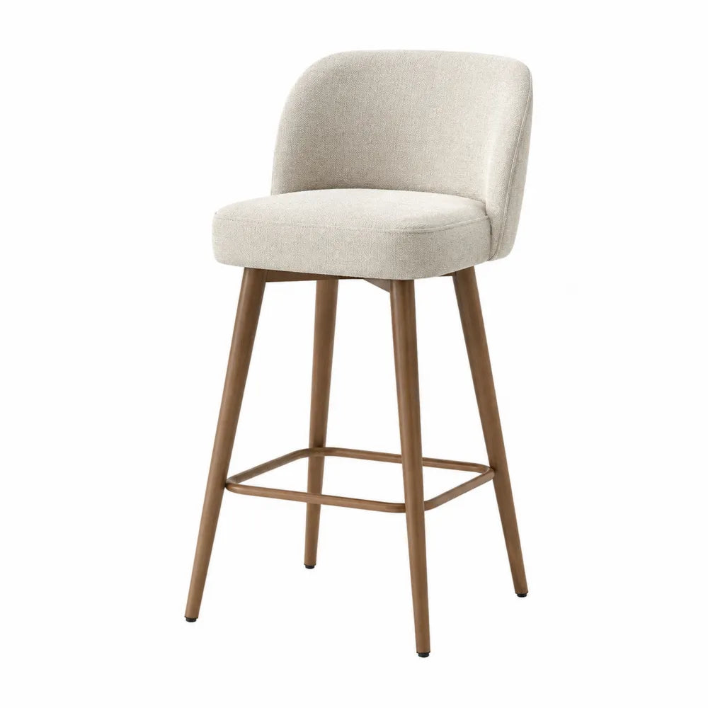 Sgabello da bar con schienale in tessuto beige e struttura in legno con poggiapiedi integrato