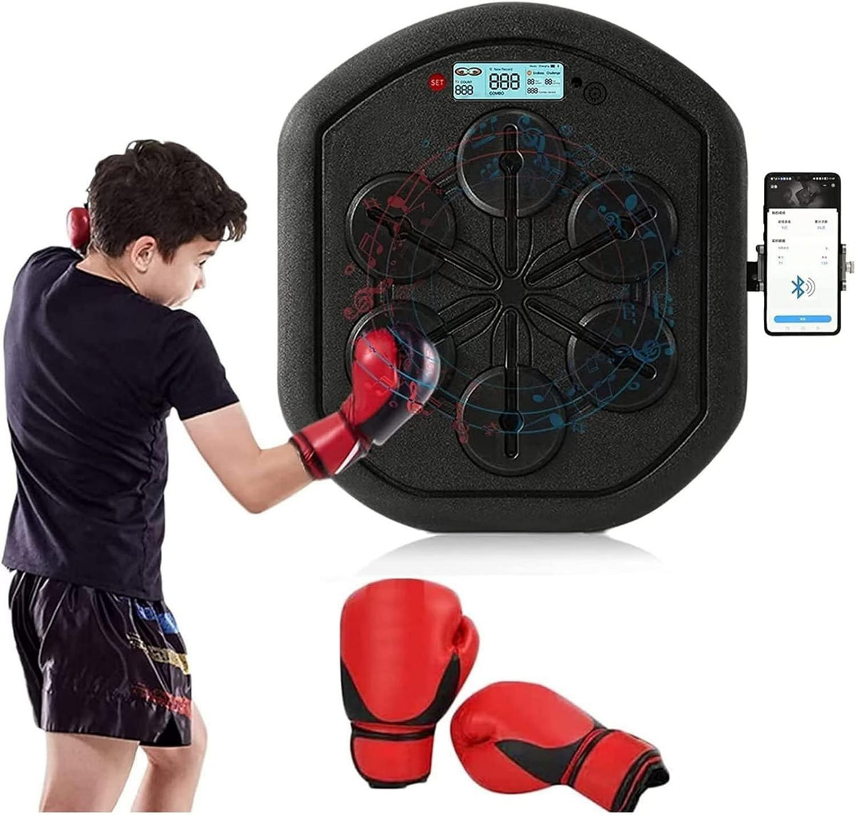 Macchina da boxe musicale – montaggio a parete, con guantoni da boxe, connettività Bluetooth, con display